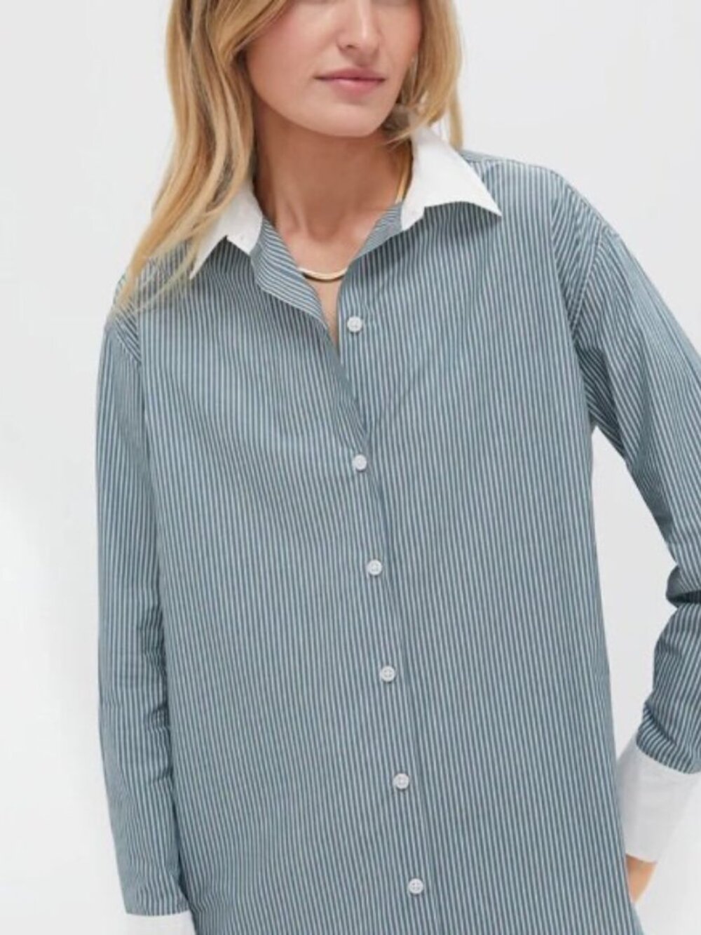 Tuckernuck green & white pinstriped button down shirt; size large